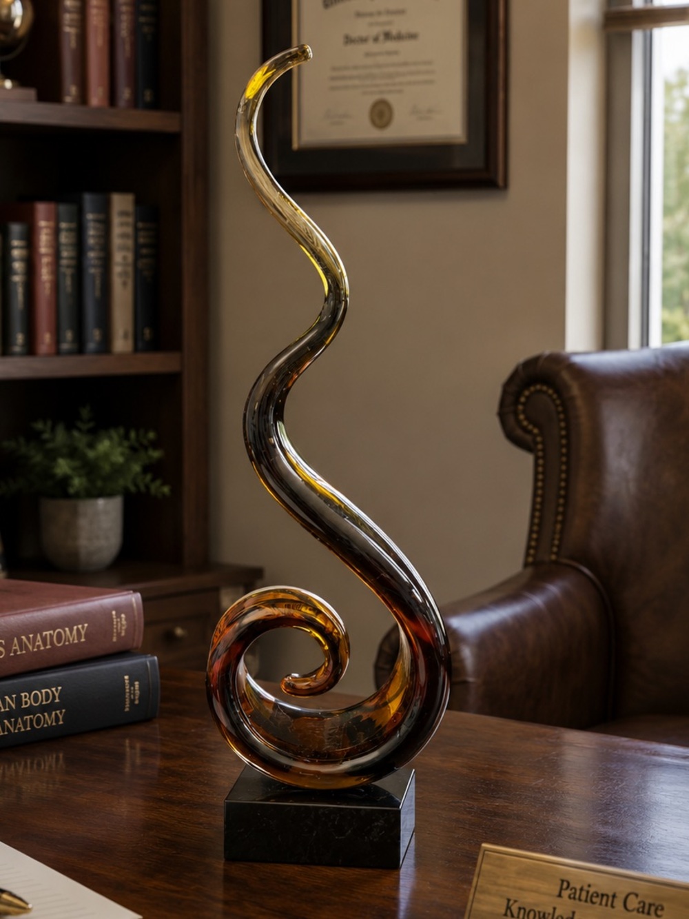 Artisan Amber Glass Spiral Sculpture - Home Art Decor